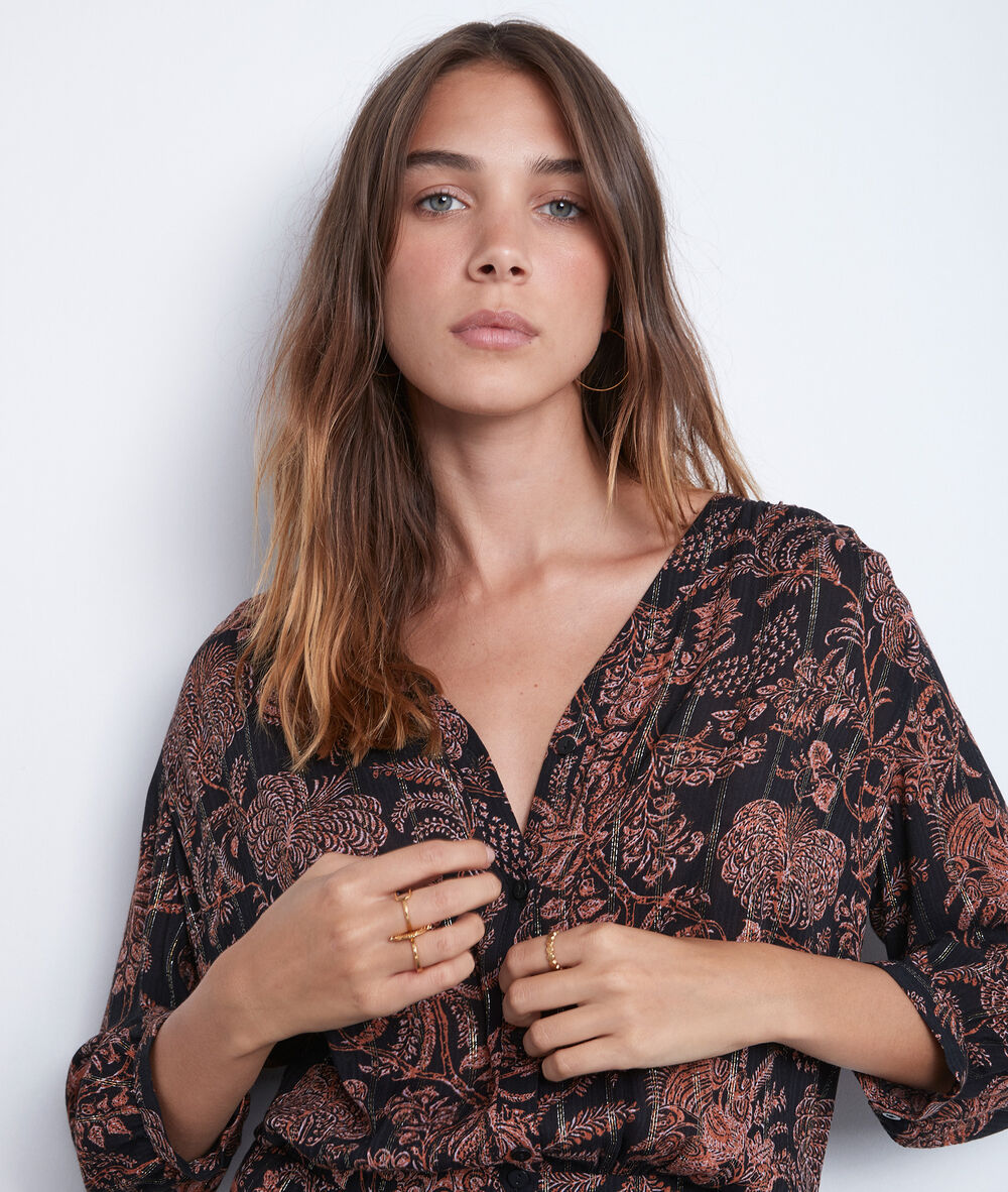 Robe chemise longue imprimée noire et orange laly noir.