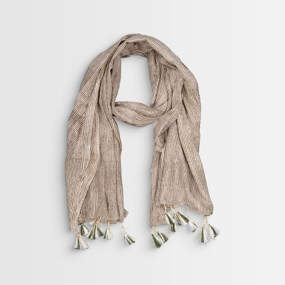 Foulard rayé à franges bayron bronze.
