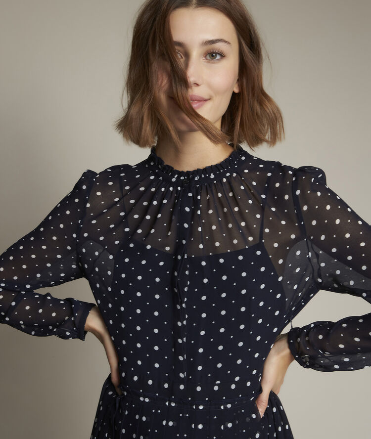 Robe longue &agrave; pois caliste marine.