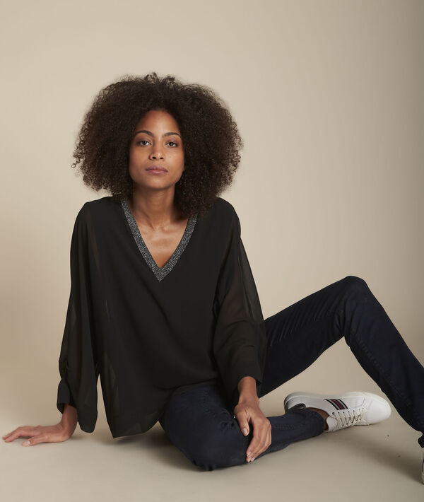 Blouse noire col V brillant Mara | 1-2-3 Blouse noire col V brillant Mara PhotoZ | 1-2-3