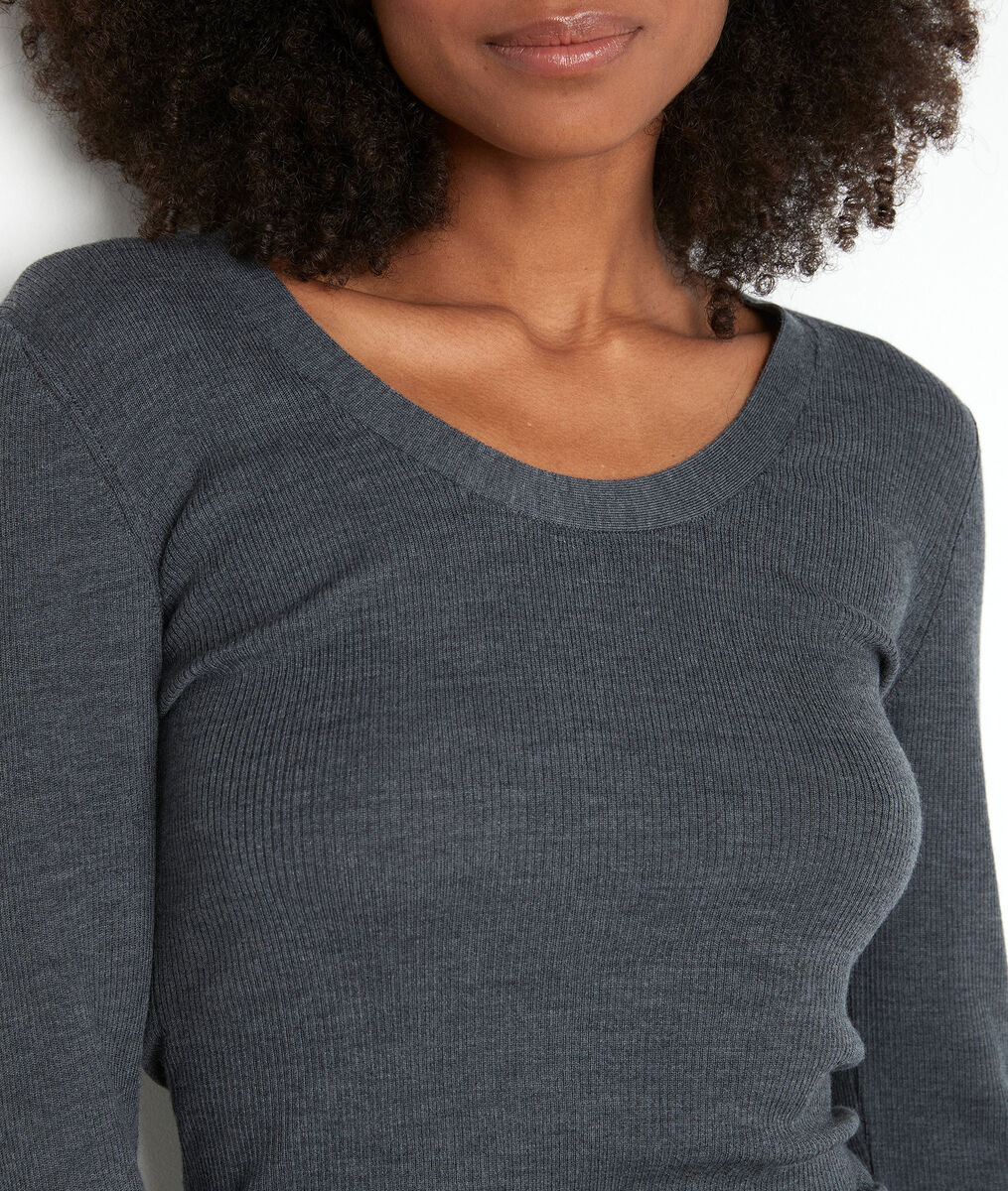 Antracietgrijs T-shirt met lange mouwen van geribd en gerecycled wol Tayron | 1-2-3 Antracietgrijs T-shirt met lange mouwen van geribd en gerecycled wol Tayron PhotoZ | 1-2-3