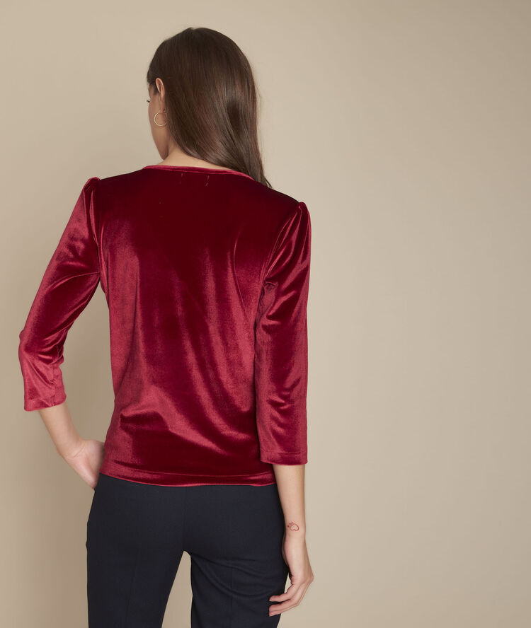 Tee-shirt cache-coeur en velours champagne prune fonce.