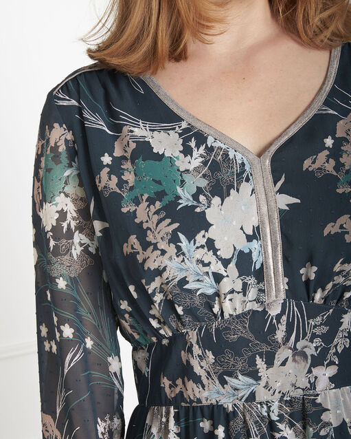 Robe longue verte imprimé fleuri lucille foret.