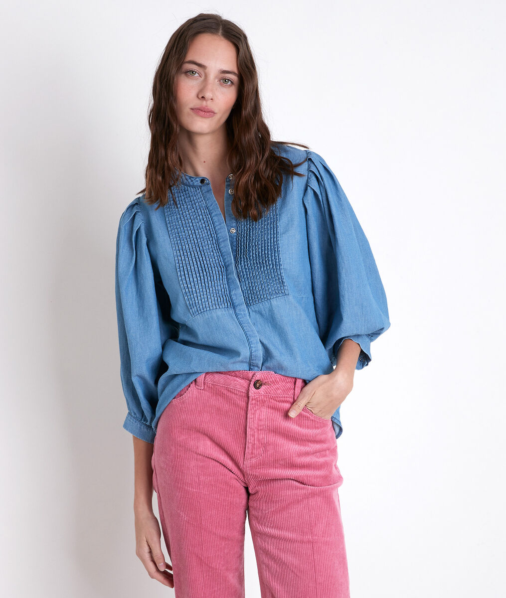 Blouse plissée en denim Tarika | 1-2-3 Blouse plissée en denim Tarika PhotoZ | 1-2-3