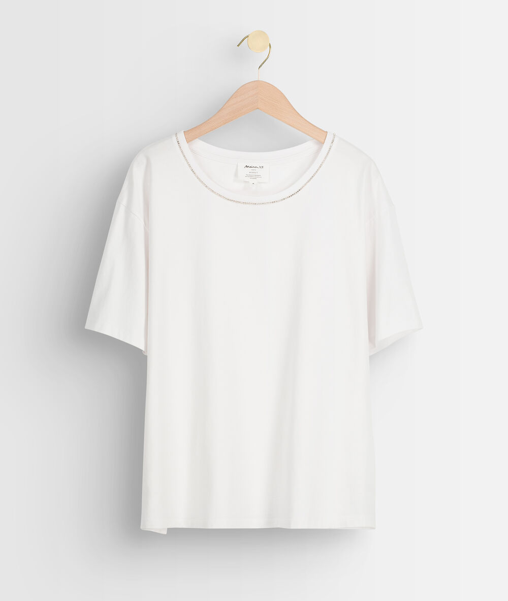 Tee-shirt en coton biologique blanc à strass inox blanc.