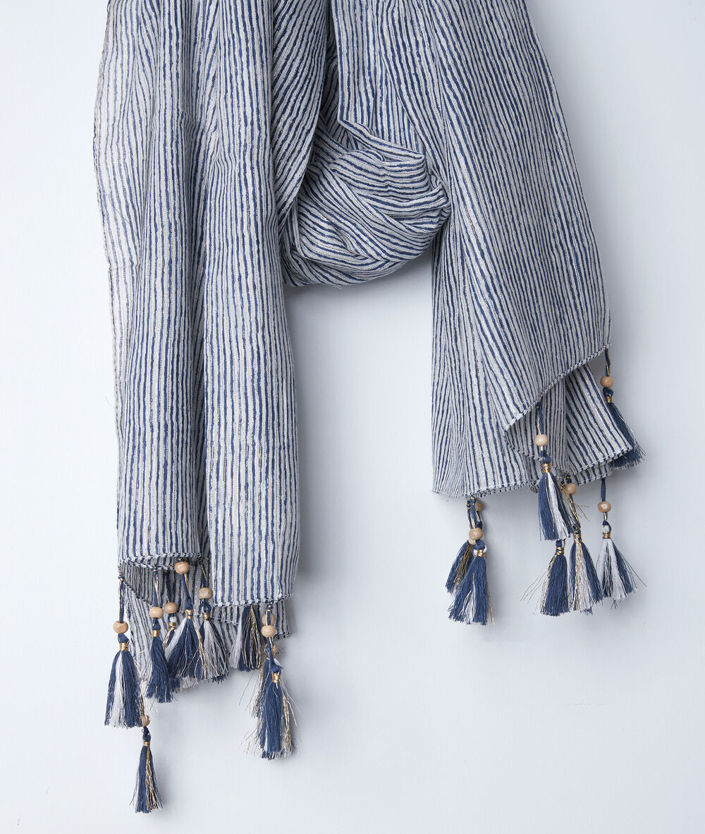 Foulard ray&eacute; bleu &agrave; franges bayron encre.