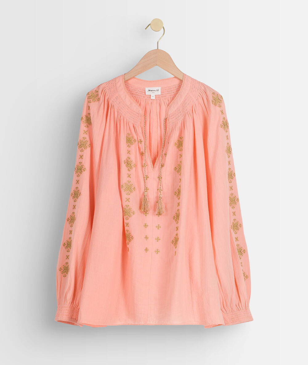 Blouse bohême brodée corail tevaelle corail.