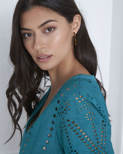 Blouse verte broderie anglaise voltaire turquoise.
