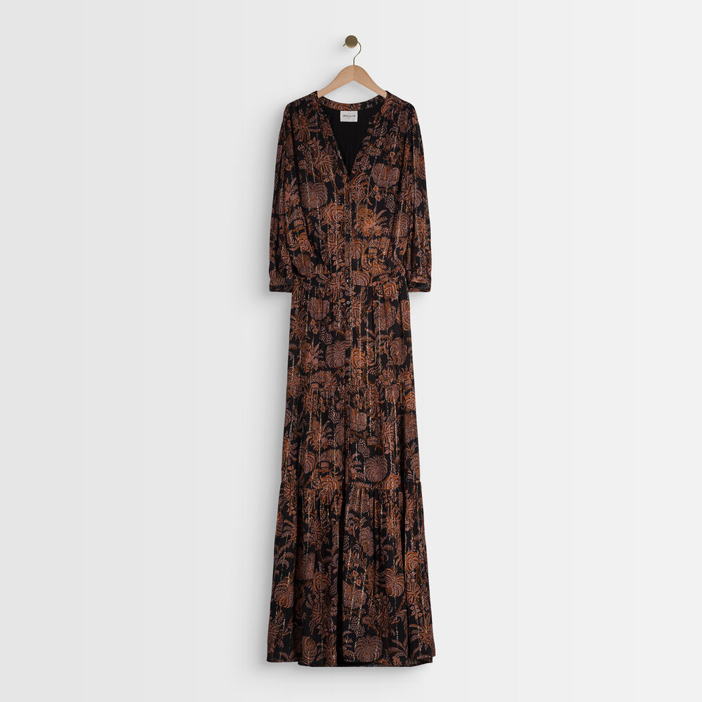 Robe chemise longue imprimée noire et orange laly noir.