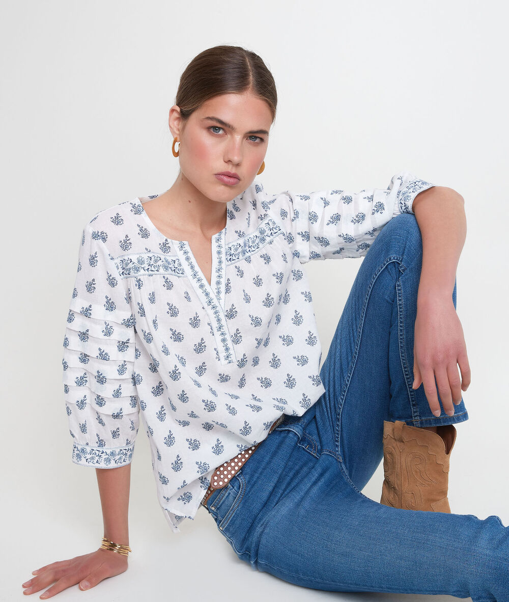 Blouse en coton imprimé écru et bleu aria ecru.