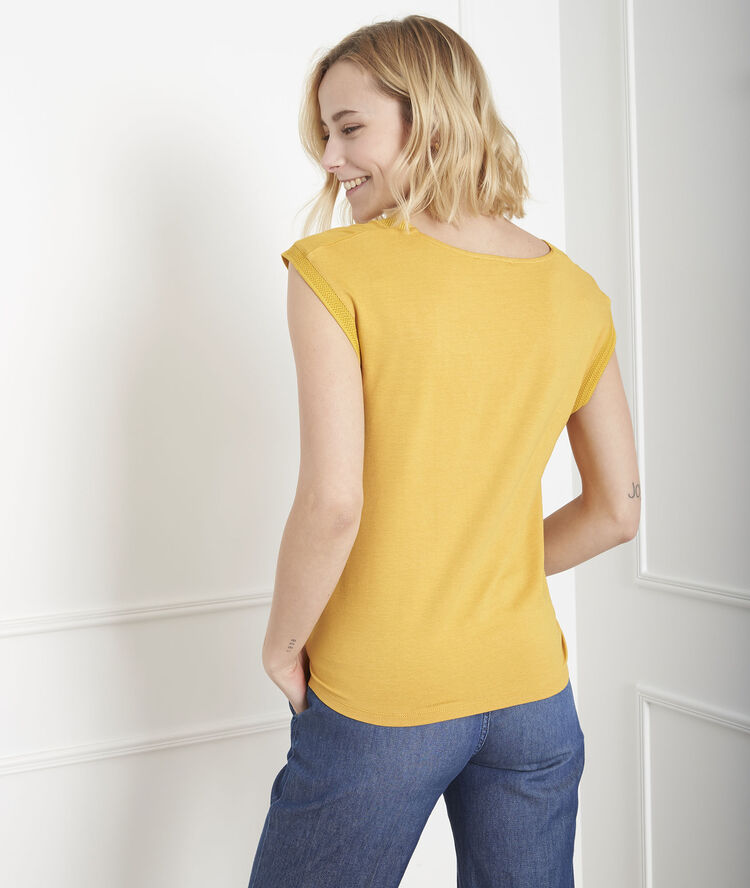 Gelbes t-shirt im material-mix vivace havanabraun.