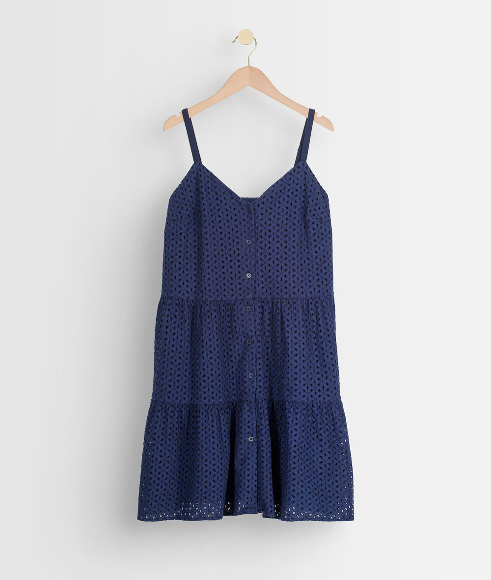 Robe mini à bretelles en broderie anglaise marine samia denim brut.
