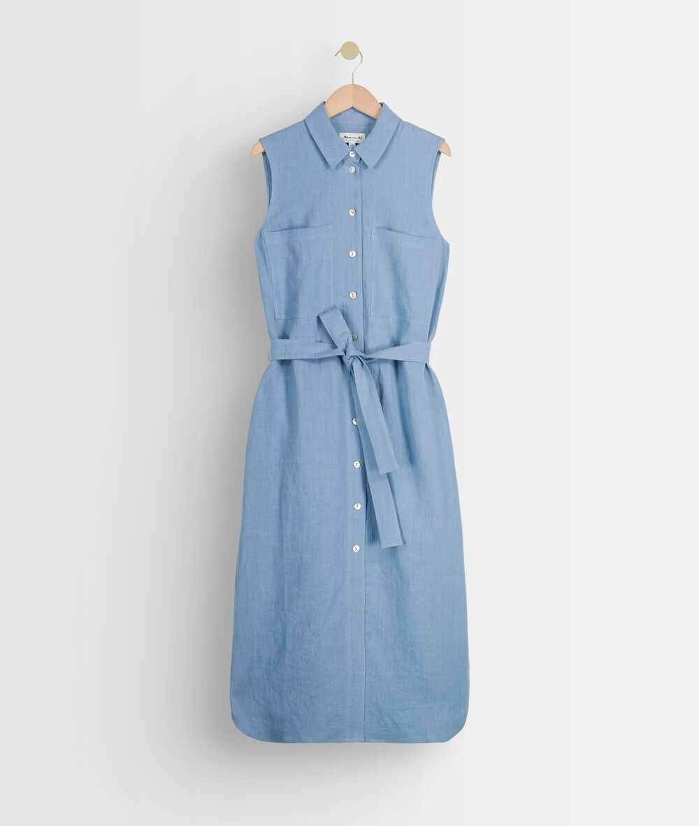 Robe chemise sans manches en lin certifié bleu ciel cyrielle bougainvilliers.