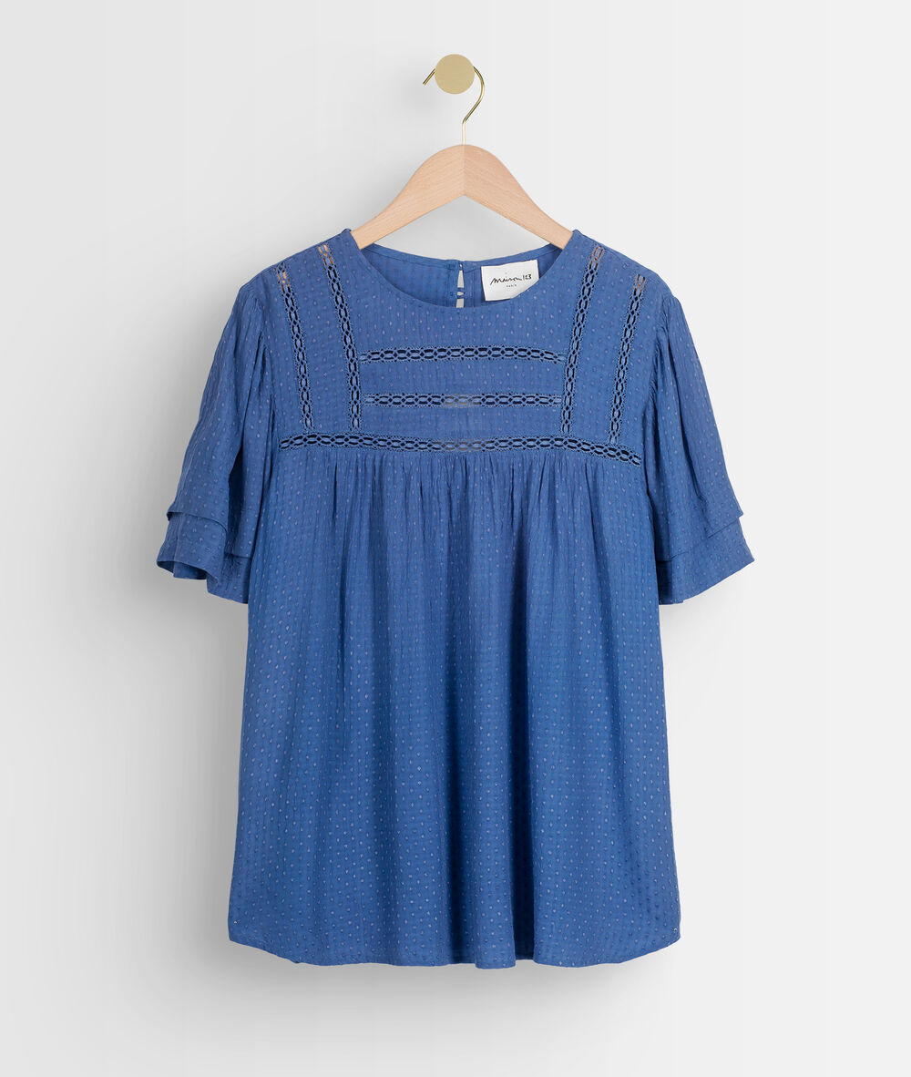 Blouse ample avec dentelle bleue abi denim brut.