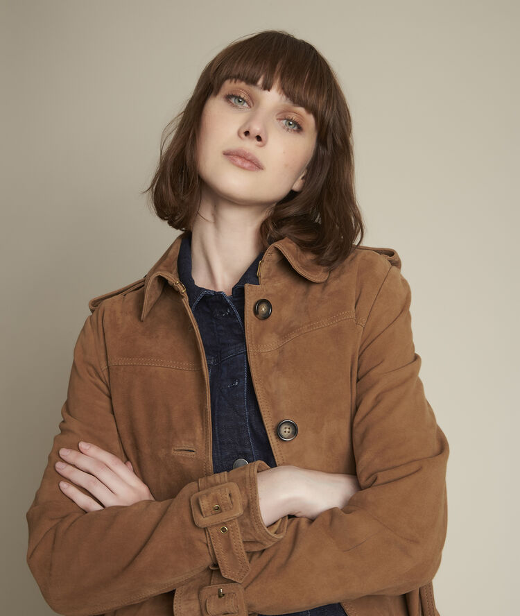 Havanabruine trench van fluweelleder qleo greige.