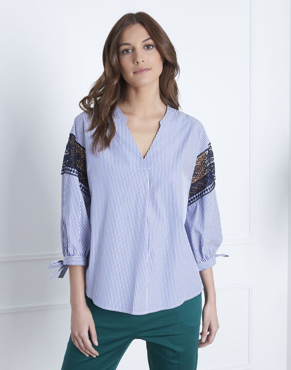 Blouse bleue broderie et rayures Veronique | 1-2-3 Blouse bleue broderie et rayures Veronique PhotoZ | 1-2-3