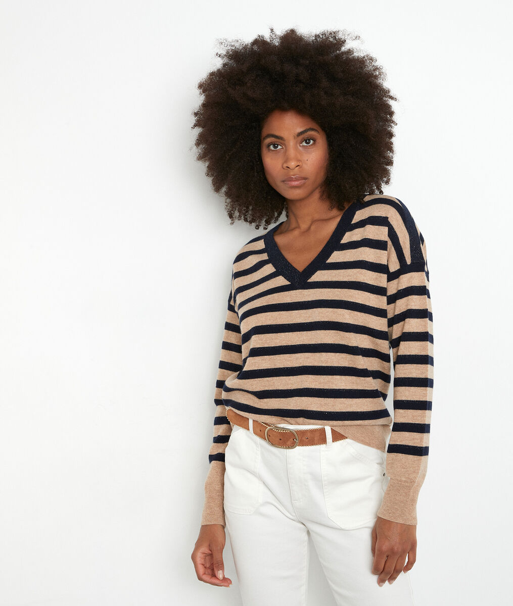Pull marinière en laine et cachemire recyclé camel Tarah | 1-2-3 Pull marinière en laine et cachemire recyclé camel Tarah PhotoZ | 1-2-3