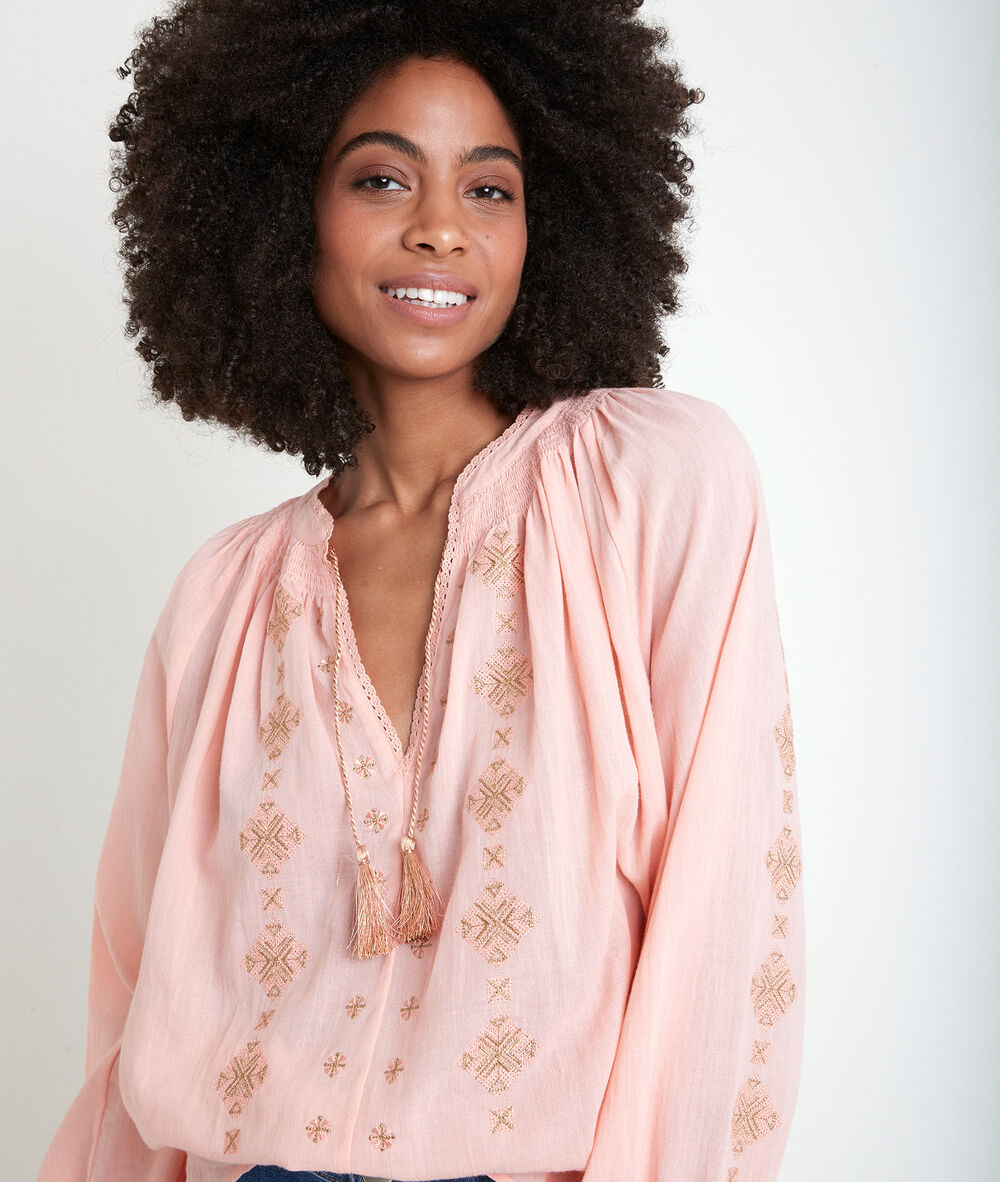 Blouse bohême brodée corail tevaelle corail.