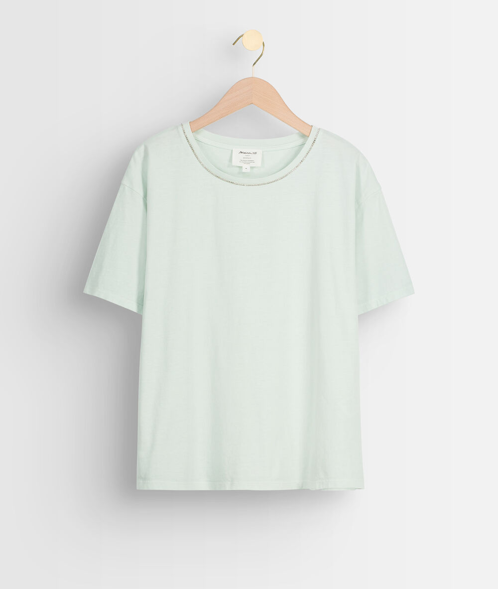 Tee-shirt en coton bio et col strassé jade inox jade.
