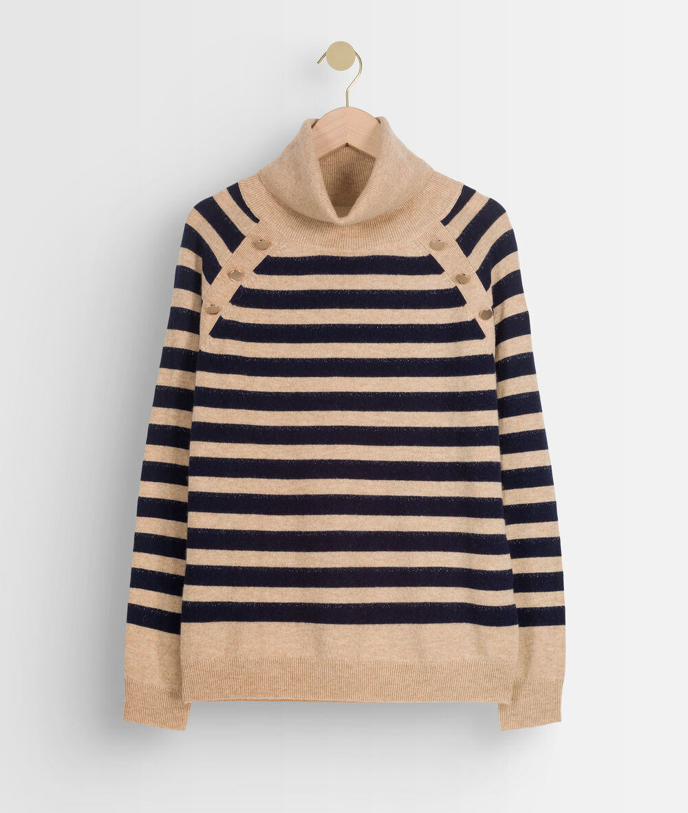 Beige en blauwe trui van recycled wol en kasjmier thales camel clair.