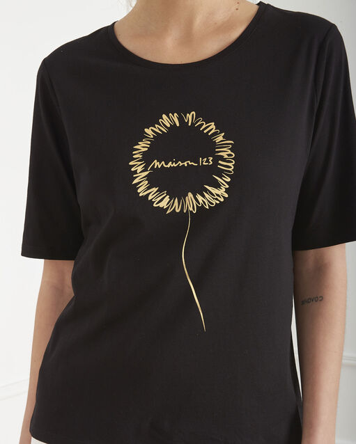 Tee-shirt noir motif floral palais noir.