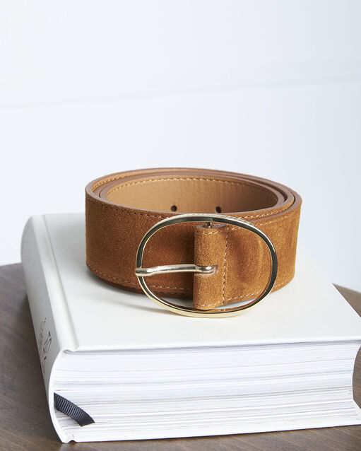 Ceinture en cuir acajour &agrave; boucle fantaisie agate caramel.