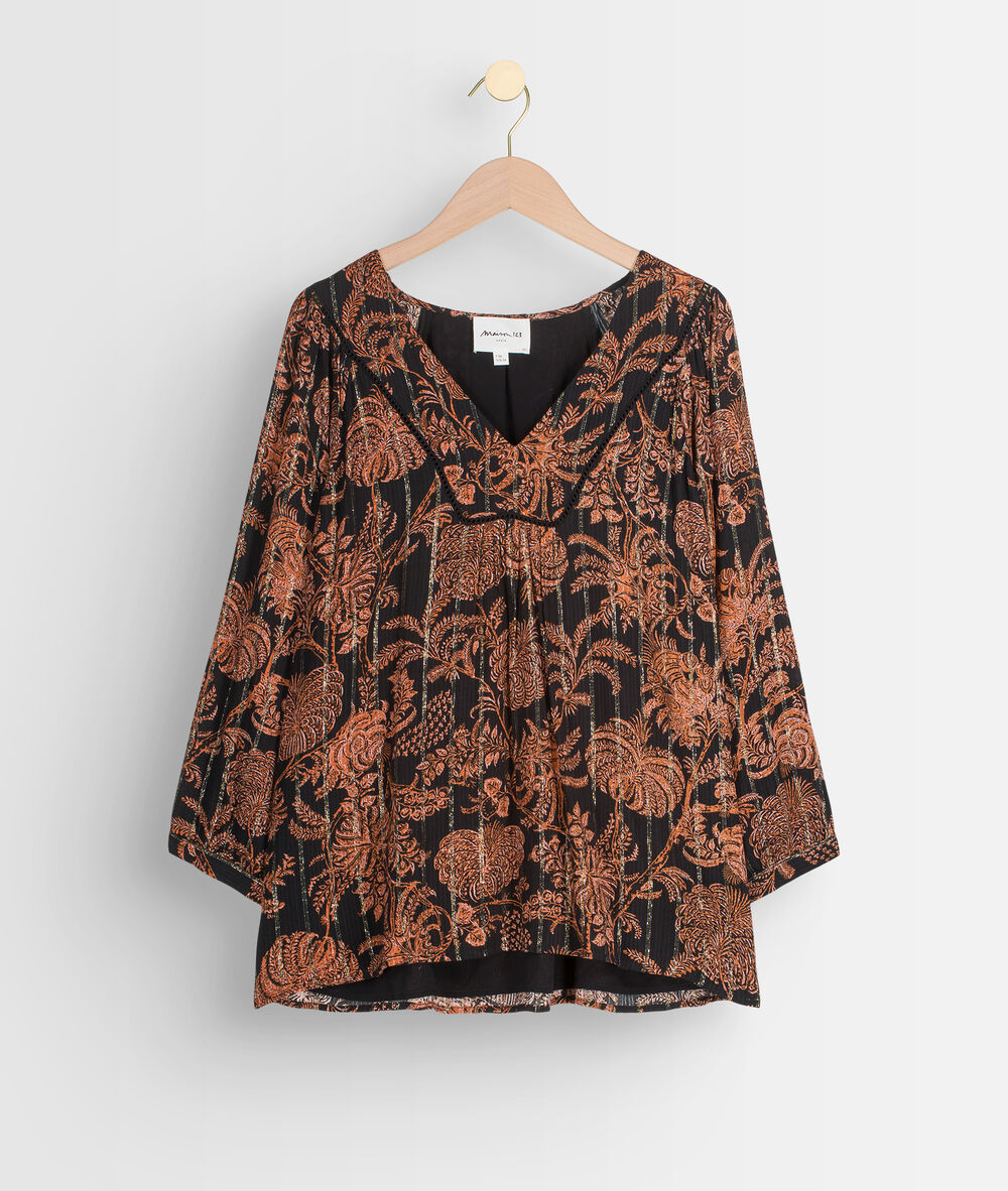 Soepele blouse met zwarte en oranje print tolly noir.