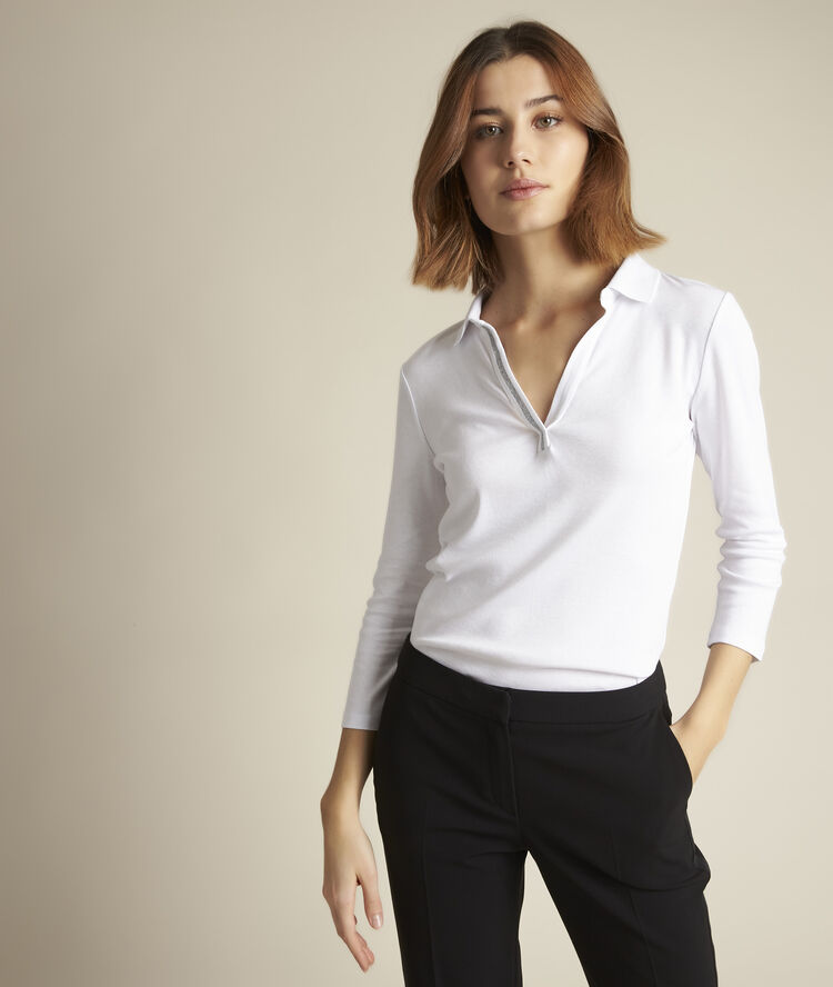 Polo blanc d&eacute;tail lurex roseau blanc.