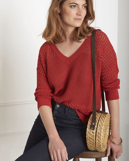 Pull rouge maille ajourée alba orange.