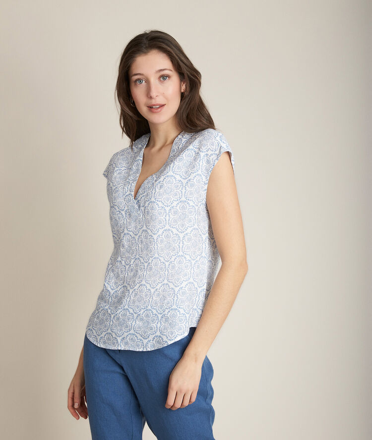 Top en lin imprim&eacute; eglantine blanc.