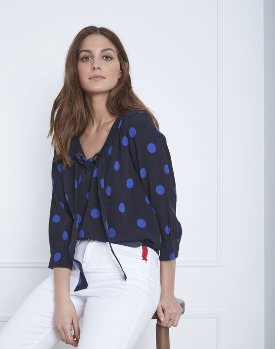 Blouse marine à pois encolure oeillets Versailles | 1-2-3 Blouse marine à pois encolure oeillets Versailles PhotoZ | 1-2-3