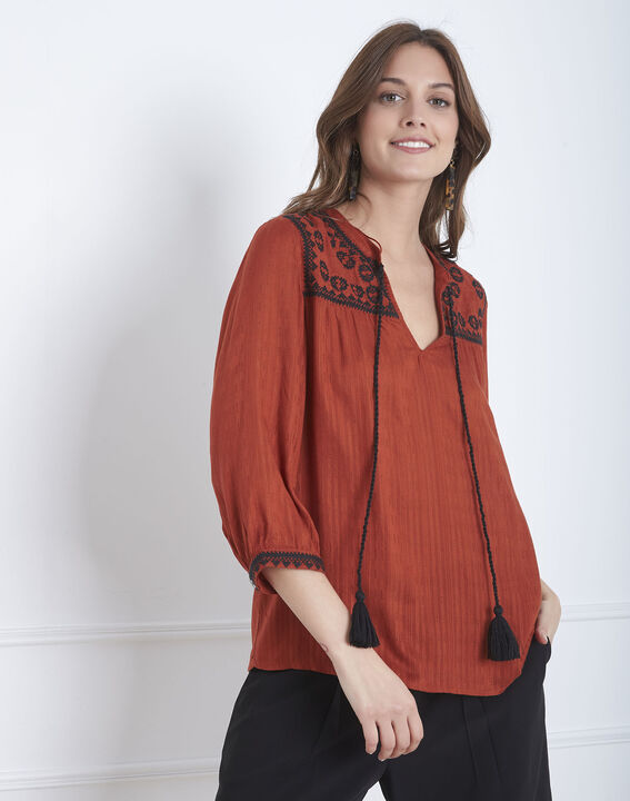 Blouse acajou broderie et pompons Vadim | 1-2-3 Blouse acajou broderie et pompons Vadim PhotoZ | 1-2-3