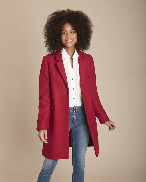 Manteau droit rouge en laine m&eacute;lang&eacute;e plume grenade.