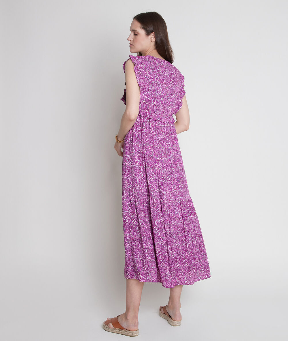 Robe longue imprimée violette lavande bougainvilliers.