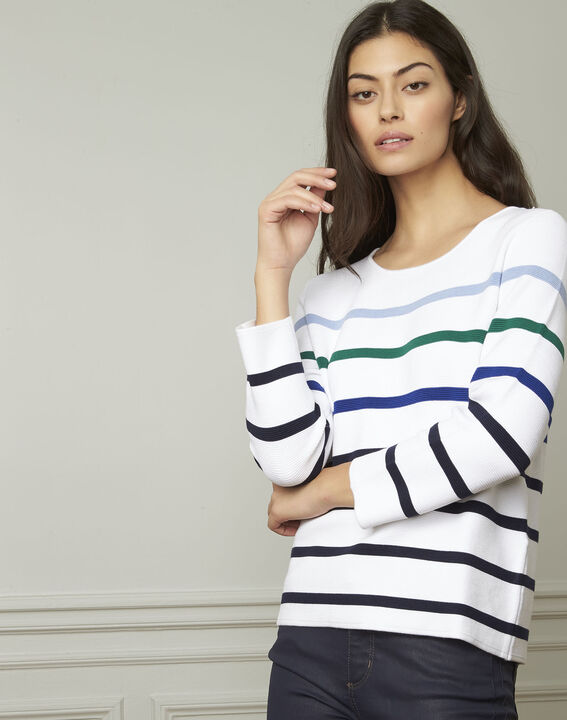 Pull blanc à rayures colorée en viscose mélangée Nacadamia | 1-2-3 Pull blanc à rayures colorée en viscose mélangée Nacadamia PhotoZ | 1-2-3