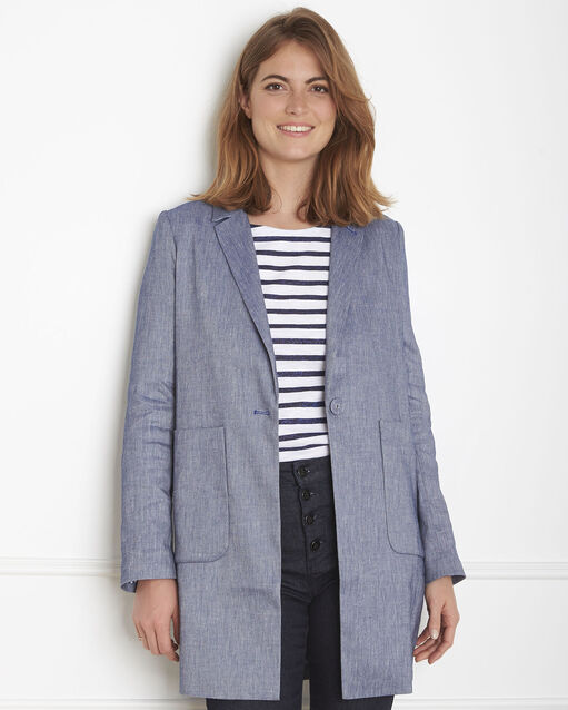 Manteau bleu lin mélangé djoe ciment.
