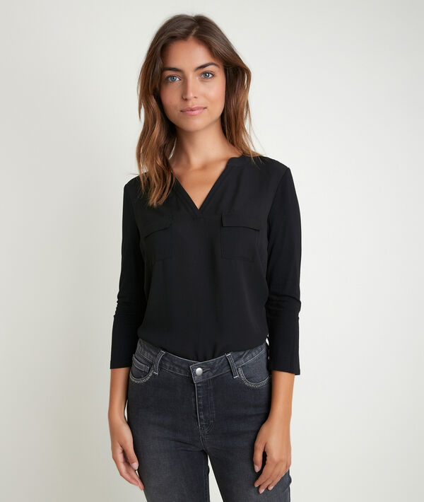 Blouse noire bi-matière à poches Genna | 1-2-3 Blouse noire bi-matière à poches Genna PhotoZ | 1-2-3