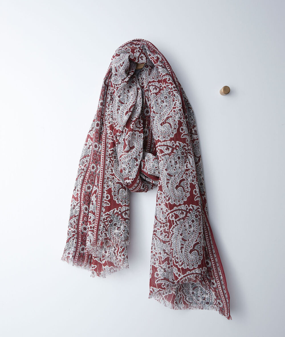 Foulard imprim&eacute; cachemire rouge bianca bourgogne.