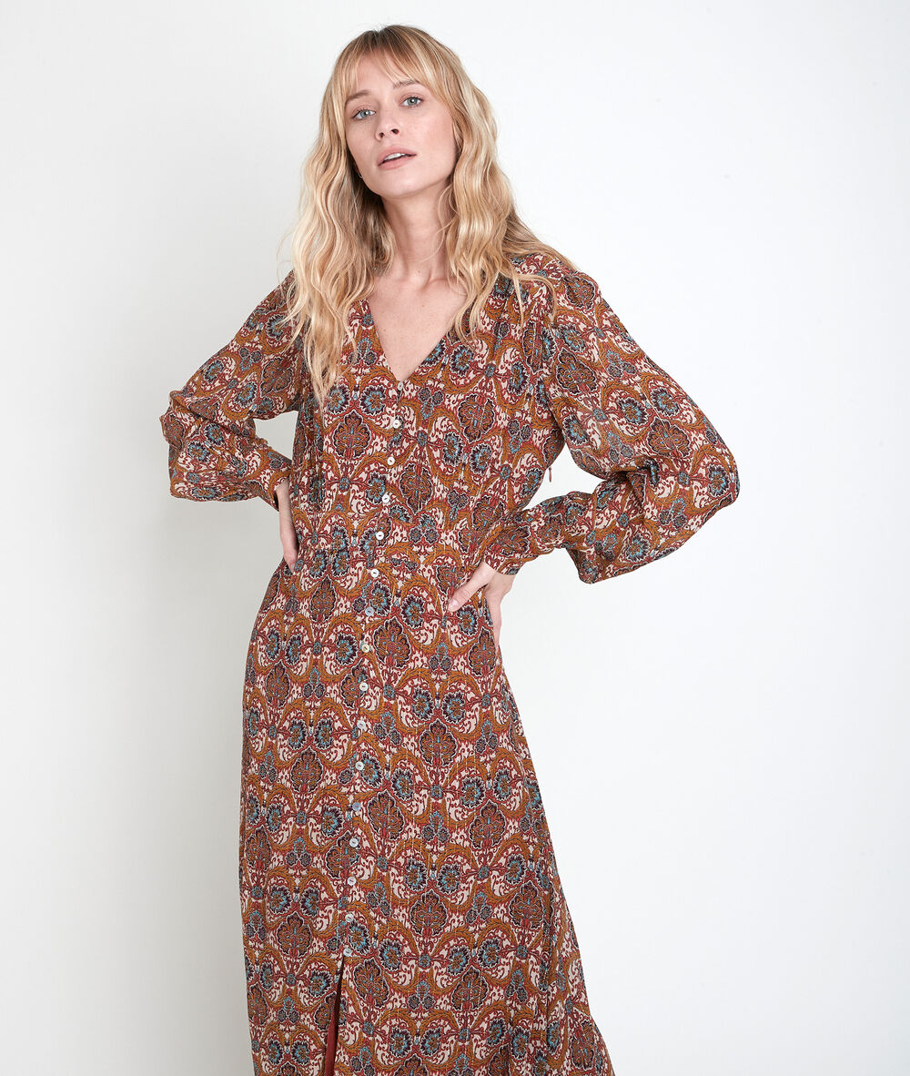Robe longue imprim&eacute; camel carmen camel.