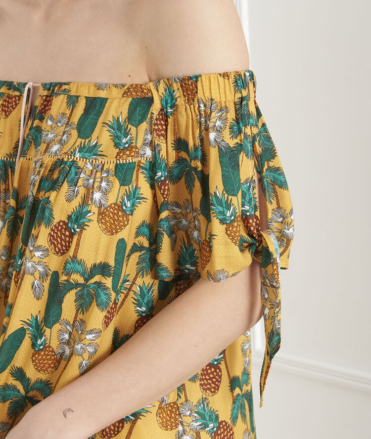Gelbe bluse mit ananas-print vananas havanabraun.