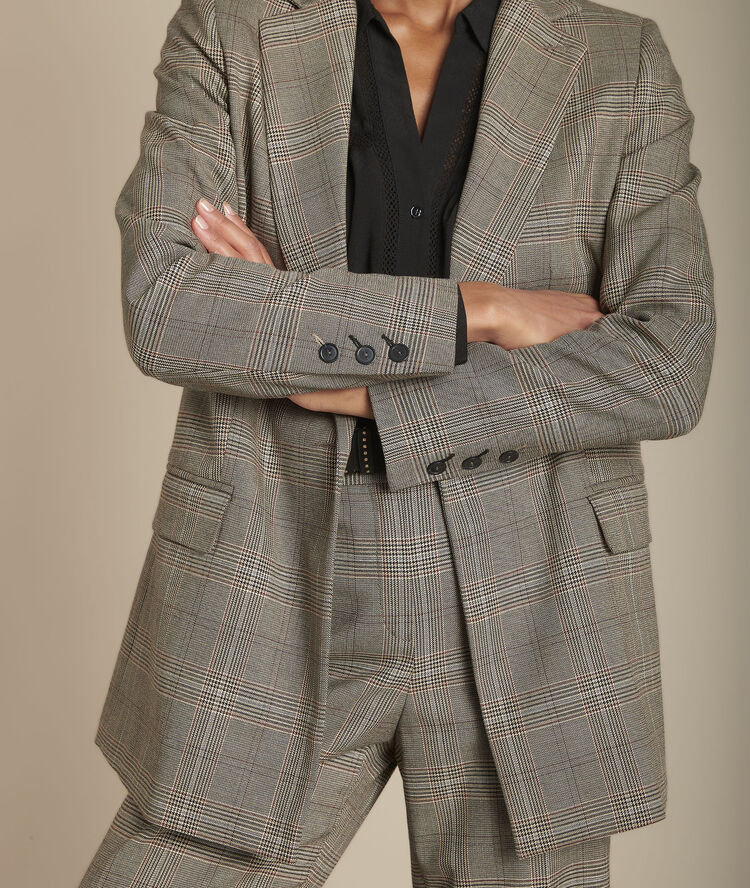 Veste longue jacquard prince de galles barbara caramel.