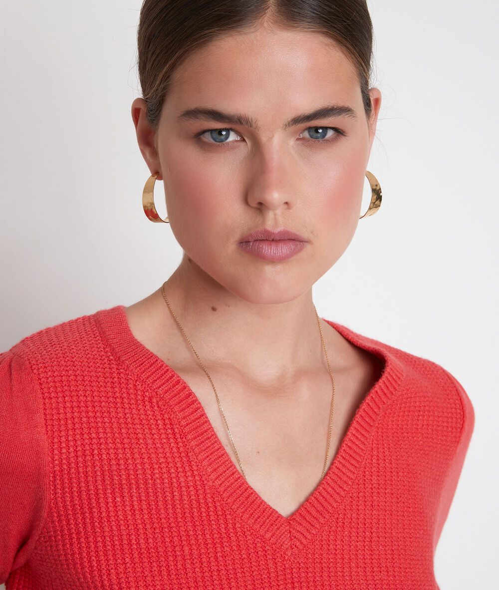Rode trui van dubbel tricot théa geranium.