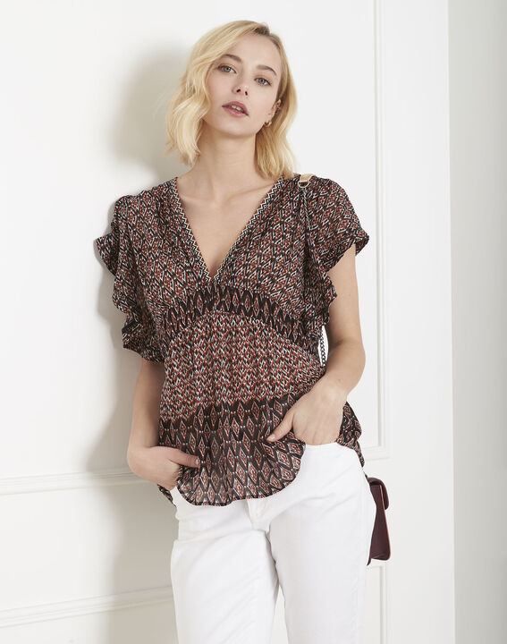 Blouse noire fluide imprimé ethnique Victorine | 1-2-3 Blouse noire fluide imprimé ethnique Victorine PhotoZ | 1-2-3