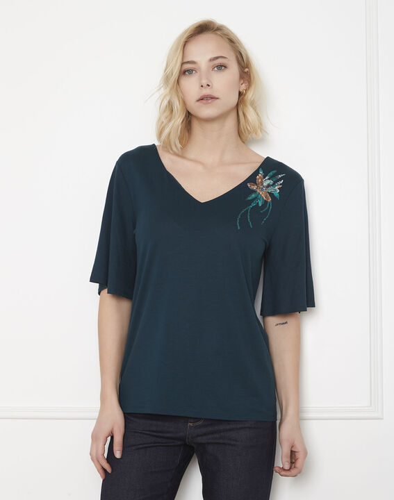 Tee-shirt vert fleur brodée Pearl | 1-2-3 Tee-shirt vert fleur brodée Pearl PhotoZ | 1-2-3