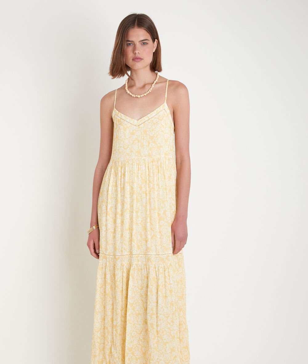 Robe longue à bretelles fines imprimée jaune safia citron.