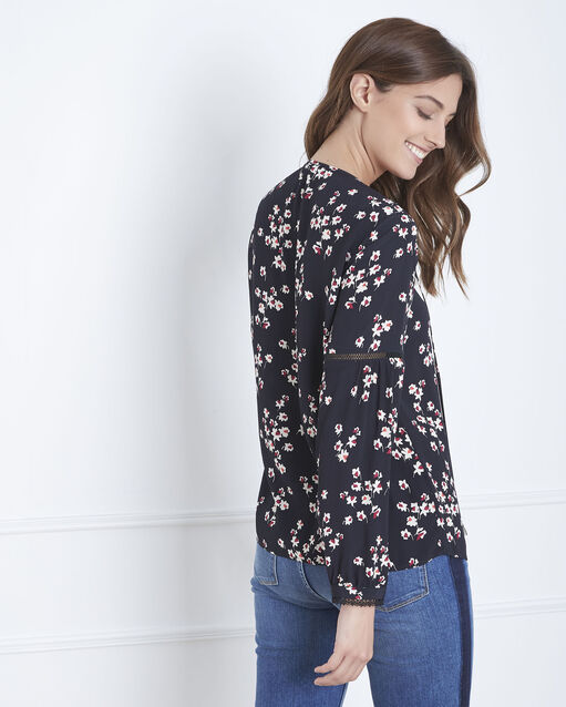 Blouse noire imprimé fleuri vernis noir.