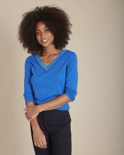 Tee-shirt cobalt col v carla bleu.