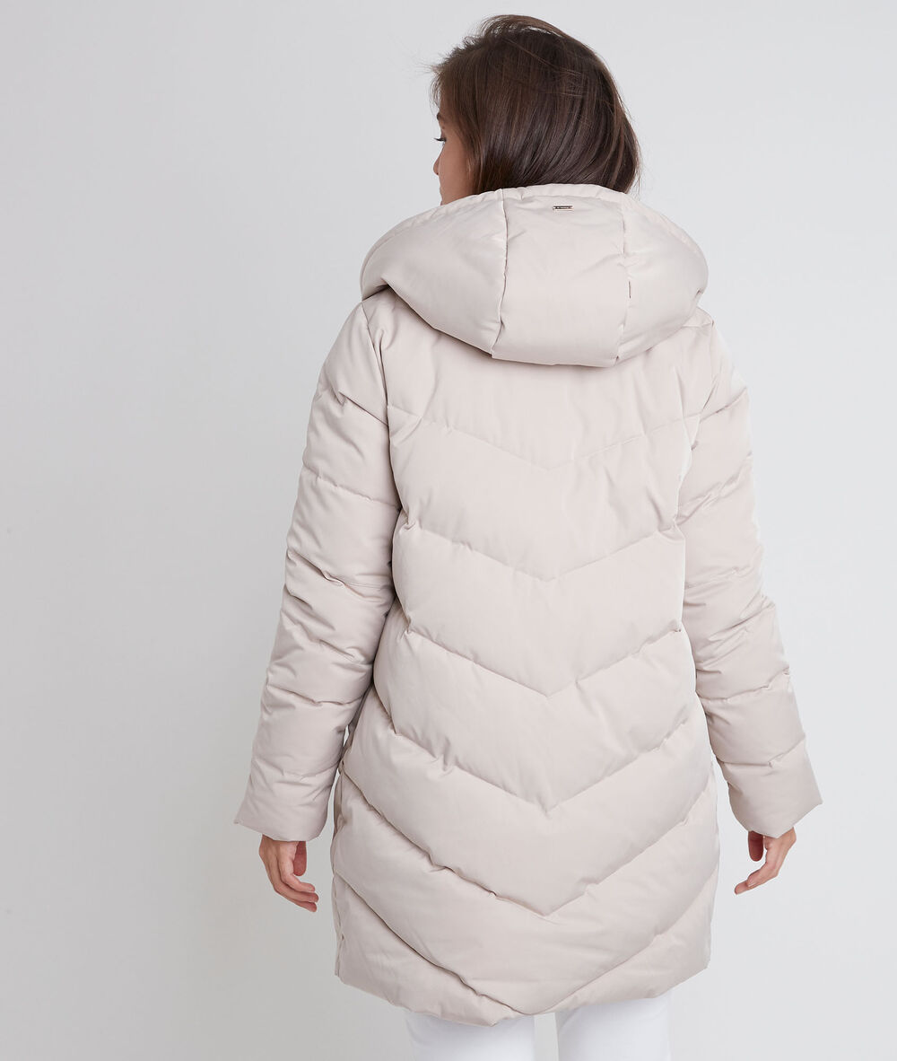 Doudoune à capuche beige lison argile.