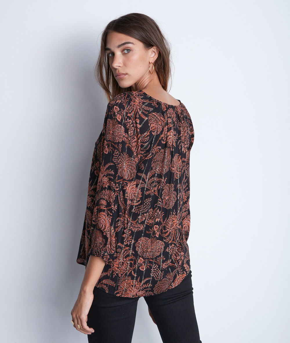 Soepele blouse met zwarte en oranje print tolly noir.