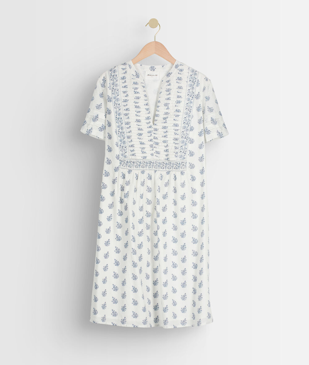 Robe courte en coton imprimé blanc et marine soledad ecru.
